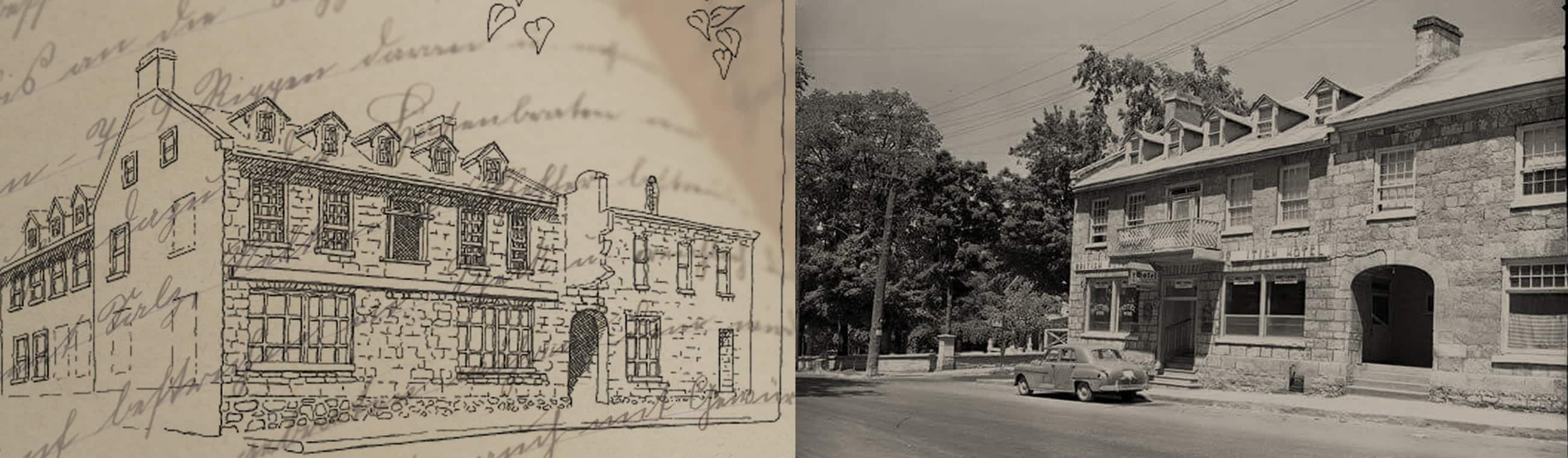 Un croquis de l'Hôtel British d'origine à côté d'une photo du bâtiment dans les années 1950